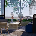 Modern Outdoor Public Chair With Blue Seats Green Plants And Square Tables On Paved Floor