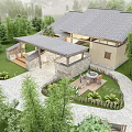 Traditional Modern Courtyard Architecture With Sloped Roof Green Trees And Pedestrian