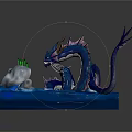 Blue Dragon Sculpture With Purple Wings Tail And Green Decorations On Rock Water Base