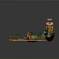 Cartoon Pirate Ship Scene With Beach Palm Trees Pink Octopus Barrels And Blue Water Waves