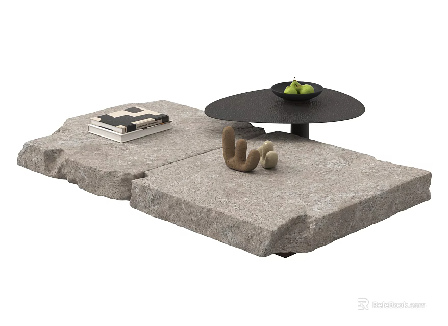 Modern Stacked Stone Coffee Table With Books Decorative Figurines And Fruit Bowl 3d model 