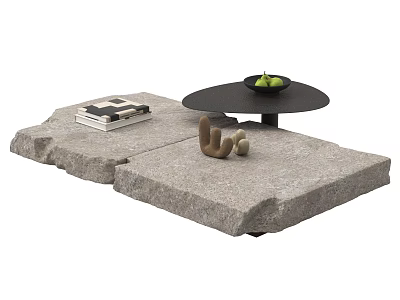 Modern Stacked Stone Coffee Table With Books Decorative Figurines And Fruit Bowl 3d model