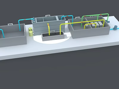 Industrial Equipment System With Gray Enclosures Blue Yellow Green Pipes 3d model