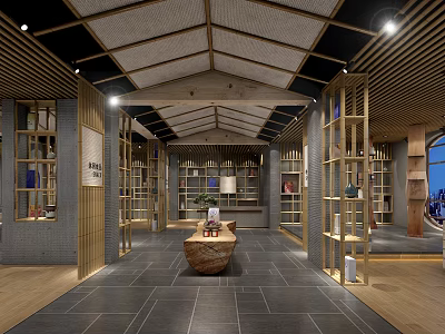 Traditional Bookstore Interior Design With Wooden Shelves Central Table And Stone Tiles 3d model