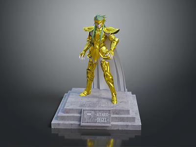 Game Character with Golden Armor Green Hair Standing on Base with Saint Seiya Inscription 3d model