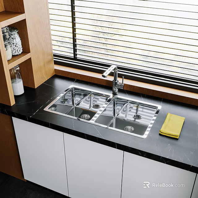 Stainless Steel Double Bowl Kitchen Sink with Modern Faucet on Black Countertop and White Cabinets 3d model 