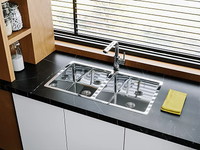 Stainless Steel Double Bowl Kitchen Sink with Modern Faucet on Black Countertop and White Cabinets 3d model