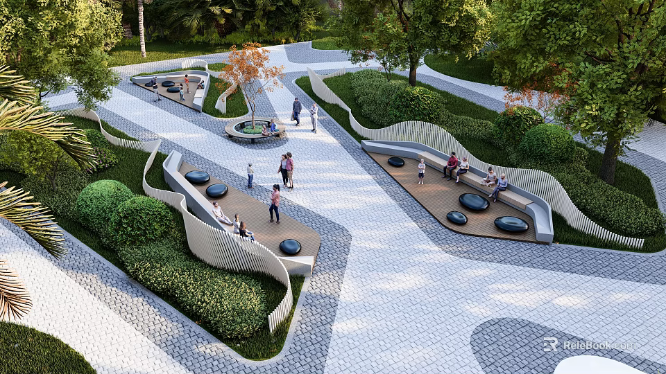 Modern Park Landscape With Winding Paved Pathways Curved Seats Green Shrubs And People 3d model 