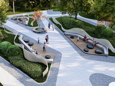 Modern Park Landscape With Winding Paved Pathways Curved Seats Green Shrubs And People 3d model