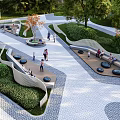 Modern Park Landscape With Winding Paved Pathways Curved Seats Green Shrubs And People