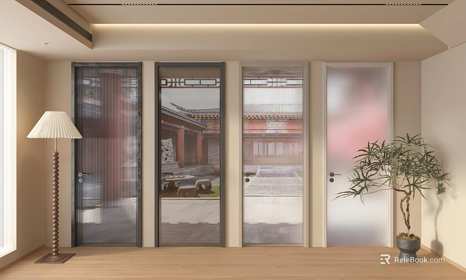Stylish Hinged Doors with Decorative Glass Panels in Modern Home Interior and Exterior Views 3d model 