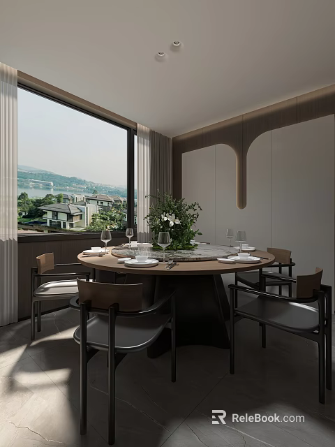 Modern Private Dining Room With Round Table Tableware Green Plants And Scenic Window View 3d model