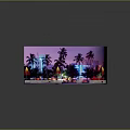 Cartoon Night Scene With Palm Trees Neon Lights Food Truck Road Grass And Street Lamps