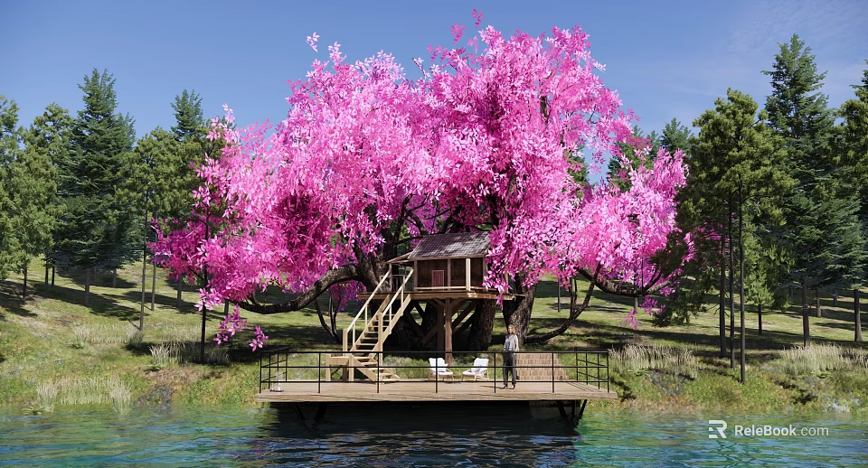 Park Landscape Featuring Pink Cherry Blossom Tree Treehouse Water Area Grassland and Blue Sky 3d model 