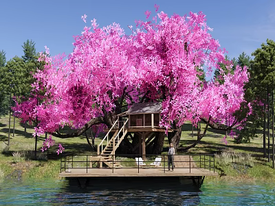 Park Landscape Featuring Pink Cherry Blossom Tree Treehouse Water Area Grassland and Blue Sky 3d model