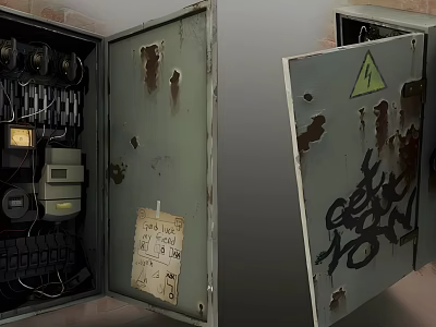 Commercial Electrical Equipment Metal Distribution Boxes With Rust Graffiti And High Voltage Warning Sign 3d model