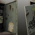 Commercial Electrical Equipment Metal Distribution Boxes With Rust Graffiti And High Voltage Warning Sign
