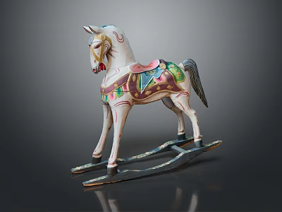 Vintage Wooden Rocking Horse With Hand Painted Colorful Saddle And Decorative Design 3d model