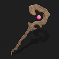 Enchanted Wooden Staff With Curved Design And Pink Gemstone Rustic Texture