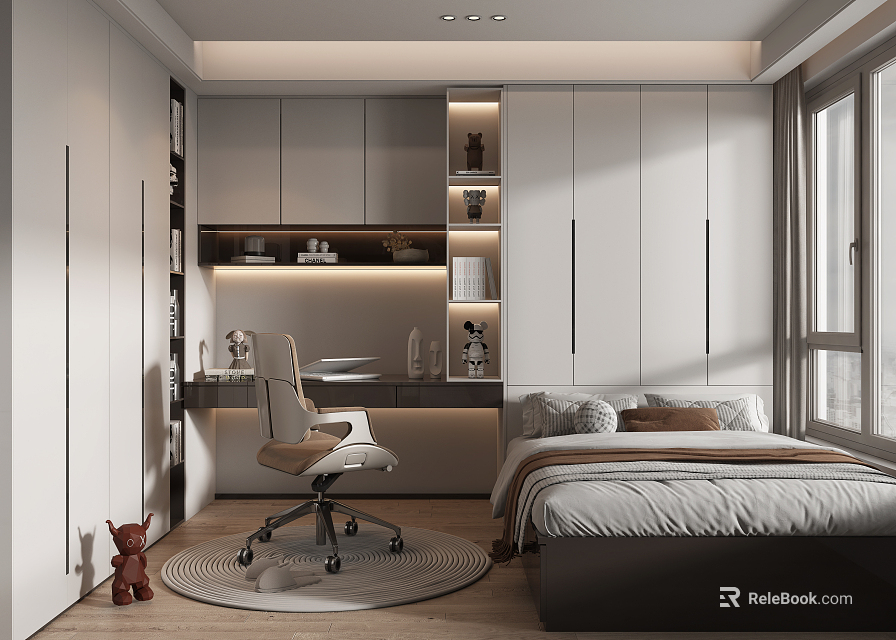Modern Tatami Bedroom Interior Design With White Cabinets Desk Chair And Natural Light 3d model 