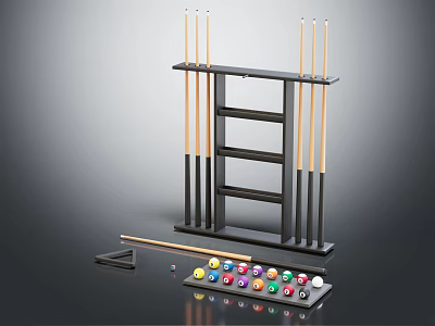Complete Billiard Sports Equipment Including Pool Cue Rack Cues Balls And Triangle 3d model