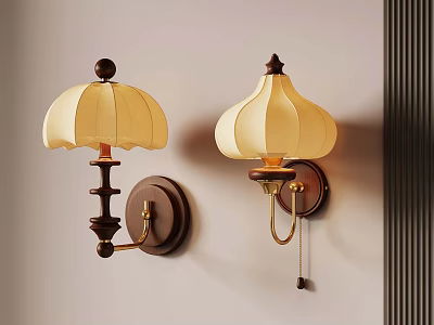 Vintage Style Wall Lamps With Beige Lampshades And Brown Brackets Mounted On Wall 3d model