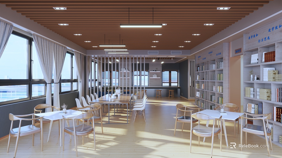 Book Art Inspired Reading Space Interior Design With Bookshelves Wooden Ceiling And Windows 3d model 