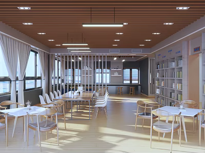 Book Art Inspired Reading Space Interior Design With Bookshelves Wooden Ceiling And Windows 3d model