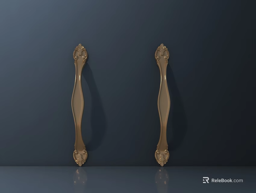 Golden Ornate Door Handles With Decorative Patterns On Dark Smooth Surface 3d model 