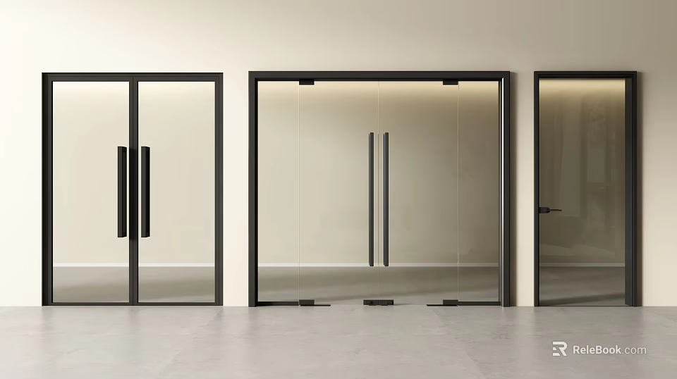 Modern Glass Double Doors With Black Frames In Minimalist Interior Design 3d model 