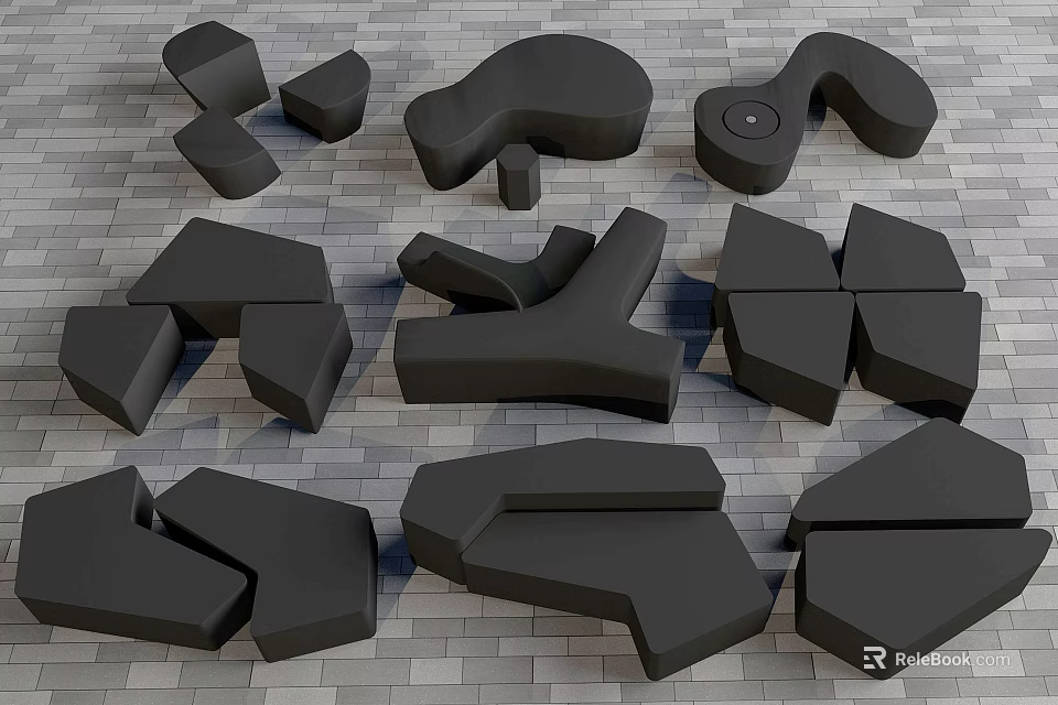 Black Stool Components With Various Shapes Placed On Gray Brick Floor 3d model 