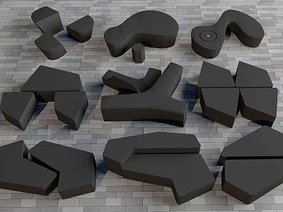 Black Stool Components With Various Shapes Placed On Gray Brick Floor 3d model