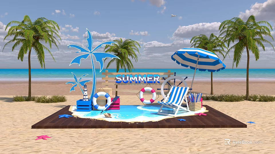Summer Beach Scene With Blue White Striped Umbrella Palm Trees Lifebuoys And Beach Chair 3d model 