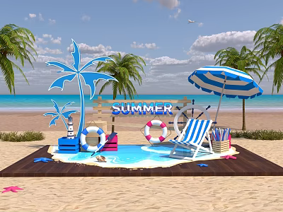 Summer Beach Scene With Blue White Striped Umbrella Palm Trees Lifebuoys And Beach Chair 3d model