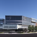 Modern Commercial Building With Glass Facade Rooftop Greenery Brand Shops And Open Plaza