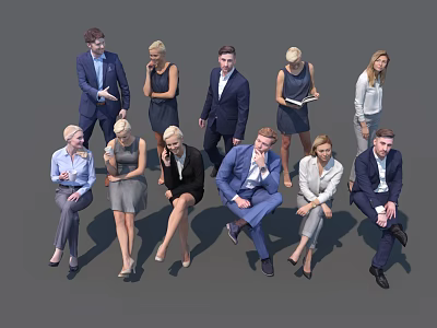Group of Business Professionals Collaborating Standing and Sitting in Formal Attire 3d model