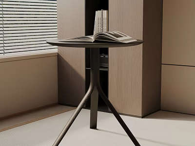 Minimalist Modern Side Table With Round Top Triangular Legs Open Shelf Books Near Window Blinds 3d model