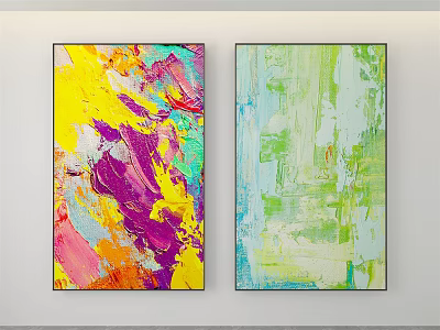 Vibrant Abstract Paintings With Colorful Brush Strokes On White Wall 3d model