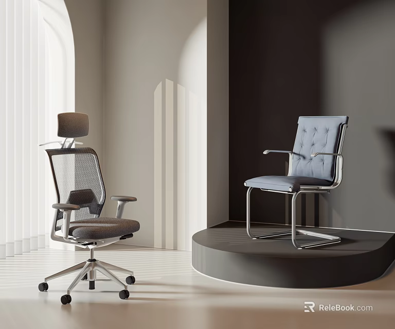 Two Modern Office Chairs With Mesh Headrest Wheeled Base Padded Seat And Metal Frame 3d model 