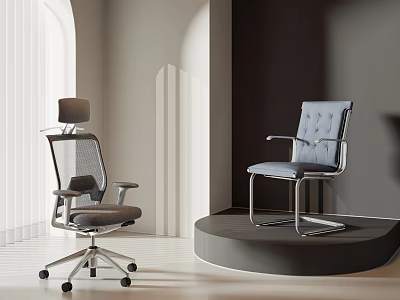 Two Modern Office Chairs With Mesh Headrest Wheeled Base Padded Seat And Metal Frame 3d model