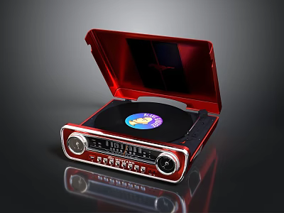 Red Portable Record Player With Open Lid And Vinyl Record On Shiny Surface 3d model