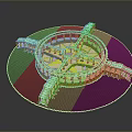 Ornamental Circular Platform with Yellow Blue Geometric Pattern and White Railings and Extended Decorative Sections