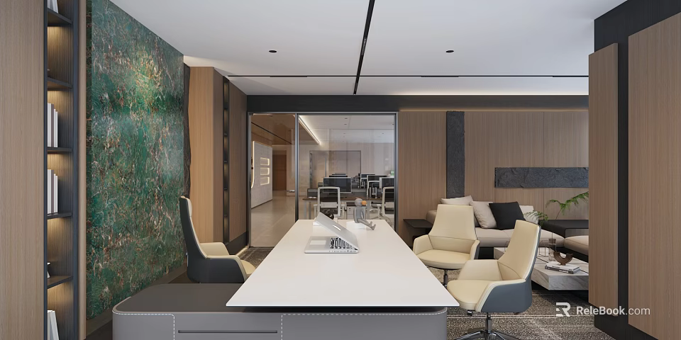Modern Office Conference Room With Long Table Chairs Green Plants Art Wall And Glass Partition 3d model 