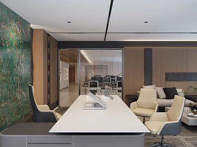 Modern Office Conference Room With Long Table Chairs Green Plants Art Wall And Glass Partition 3d model