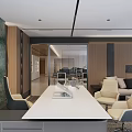 Modern Office Conference Room With Long Table Chairs Green Plants Art Wall And Glass Partition