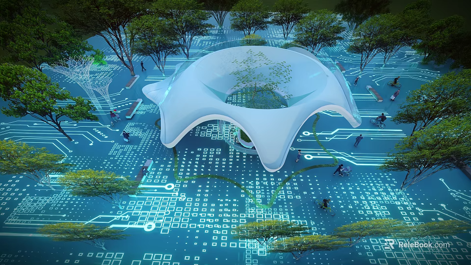 Modern Plaza Landscape With White Architectural Structure Central Tree And Digital Grid Ground 3d model 