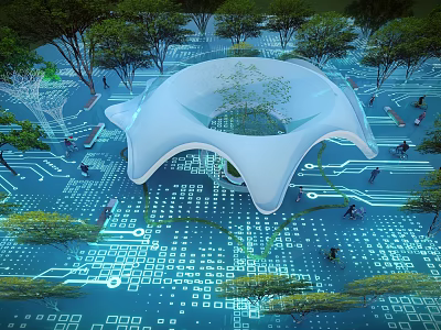 Modern Plaza Landscape With White Architectural Structure Central Tree And Digital Grid Ground 3d model