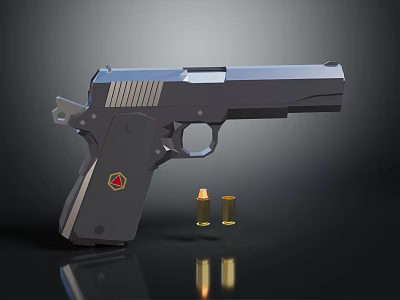 Modern Gray Pistol Design With Red Emblem And Two Bullets On Black Surface 3d model