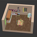 Cartoon Kitchen Scene With Wooden Cabinets Dining Table Chairs Refrigerator And Window
