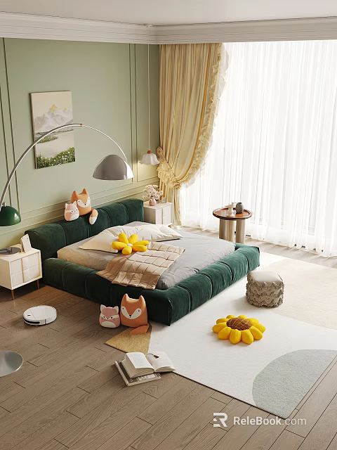 Cozy Green Bedroom Interior With Velvet Bed Yellow Flower Decor And Fox Plush Toys 3d model 